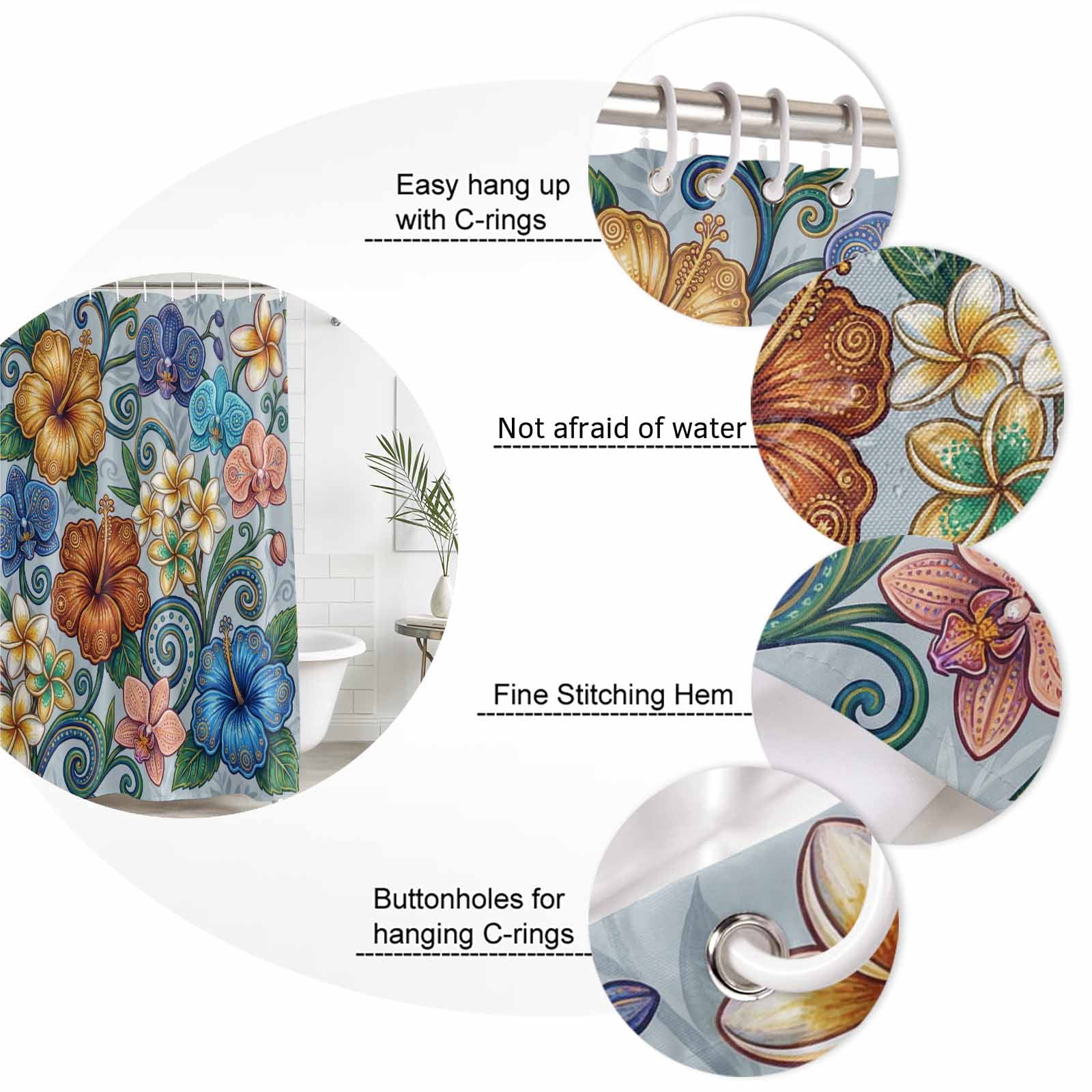 Shower Curtain Bathroom Set Abstract Retro Boho Flower Waterproof Fabric Shower Curtains with Grommets&Hooks, Blue Gold Flower Green Leaf Privacy Bath Curtain for Bathtub 72x72in