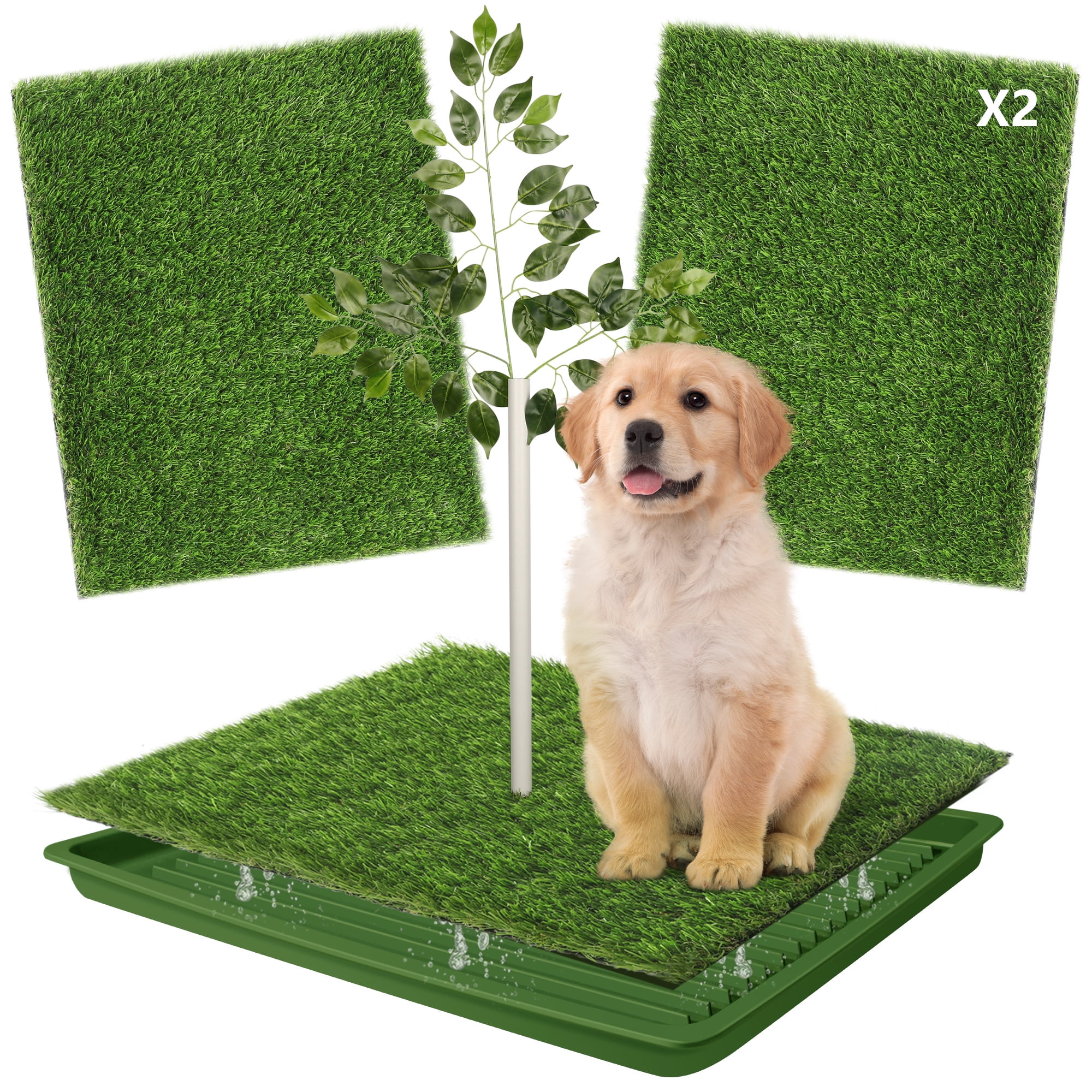 Dog Grass Pad with Tray – 2 Pack Replaceable Artificial Grass Puppy Training Pad, Quick Absorbent Indoor/Outdoor Portable Potty, Washable Pee Pad for Puppy - Ultimate Pet Training Solution Green