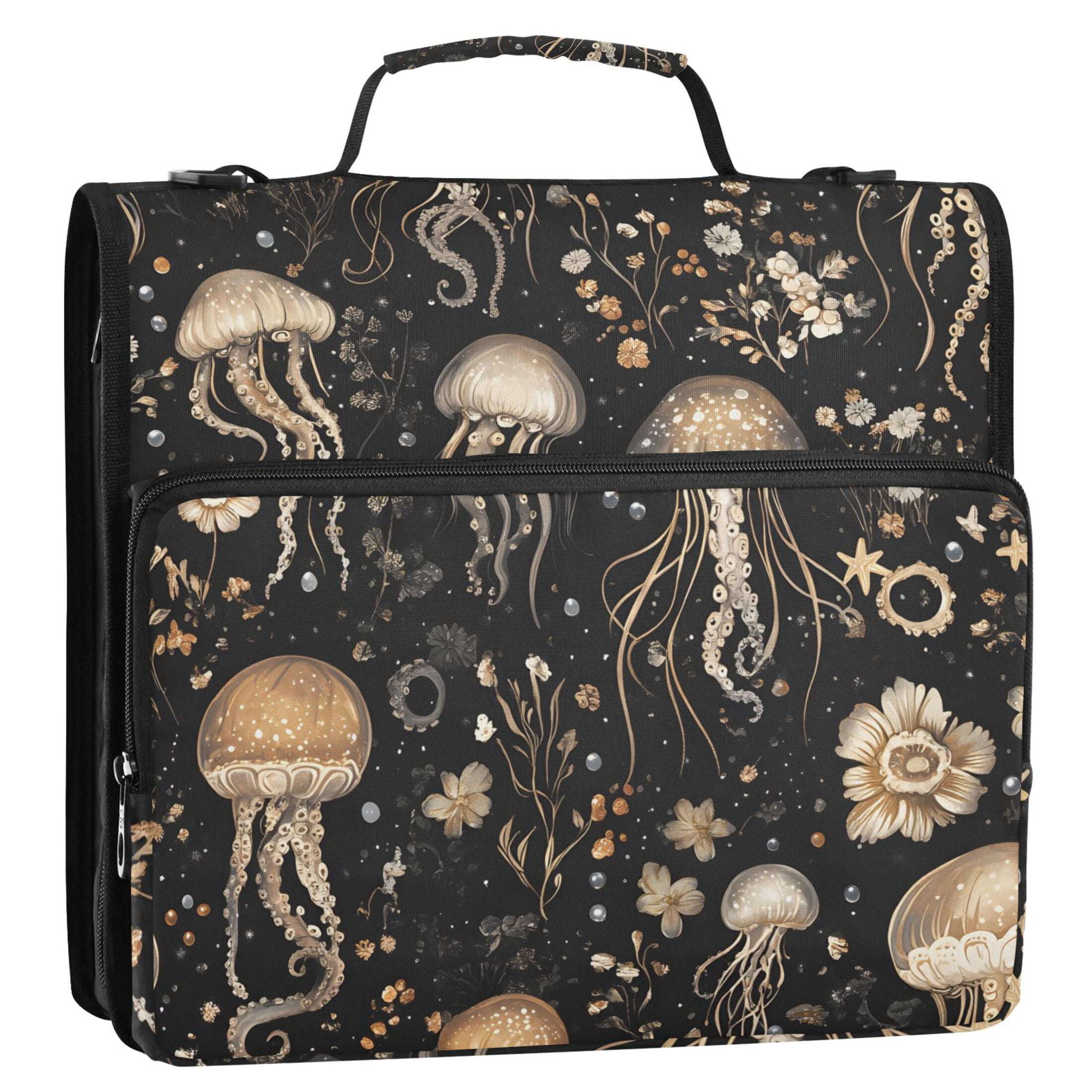 3 Ring Zipper Binder with Shoulder Strap Waterproof Trapper Keeper 2 Inch D-Ring 500 Sheets Capacity Gold Jellyfish and Flowers