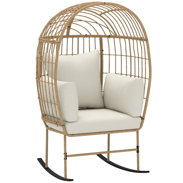 Outsunny Wicker Outdoor Rocking Chair, Oversized Egg Chair with Cushion