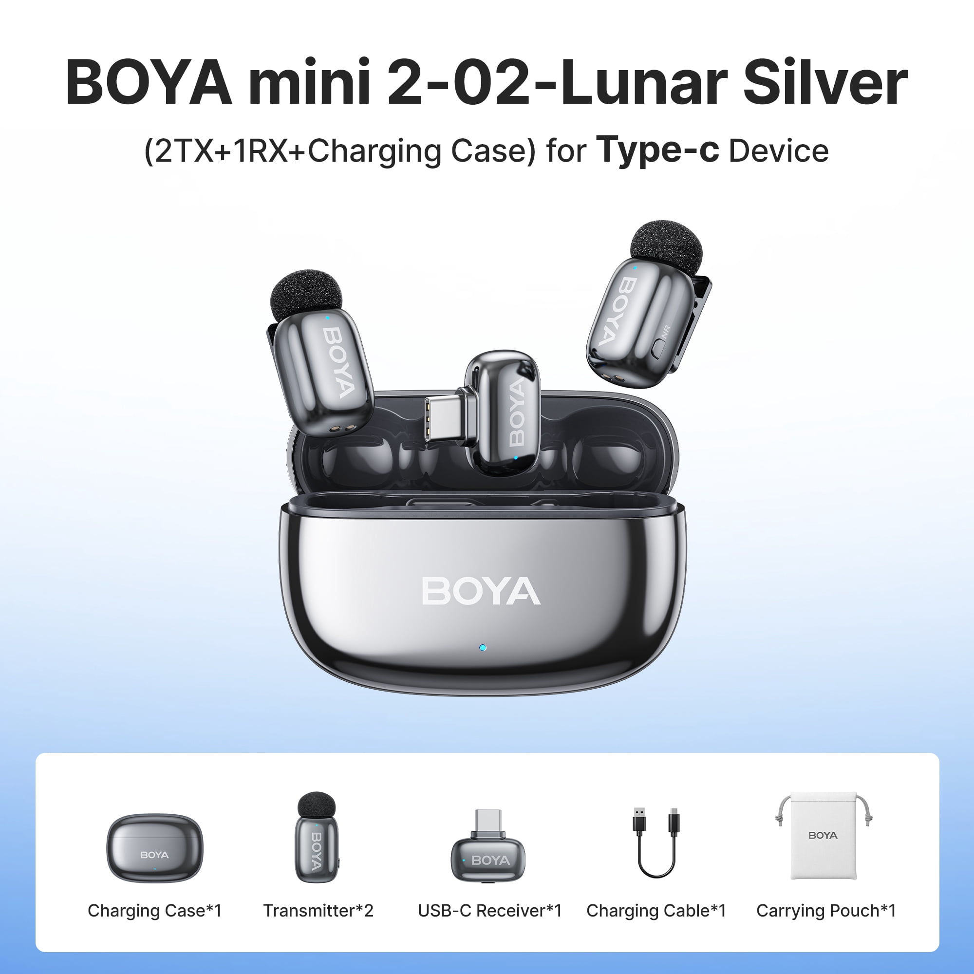 BOYA Mini 2 Wireless Lavalier Microphone, for iPhone/iPad/iPod, 30H,MIF, 328 FT, AI Cancelling, with Charging Case for Vlog, Streaming, Gray