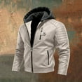 thumbnail image 2 of Men's Casual Solid-Colored Leather Jacket, Full-Zip Hooded Biker Jacket, Khaki, M, 2 of 6