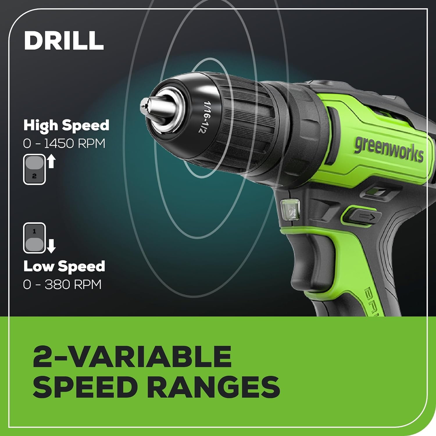 Greenworks 24V 310 in./lbs Brushless Drill Kit with 2Ah Batteries and Charger, 8-Piece Bit Set and Tool Bag Included