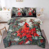 Manfei Merry Xmas Bedding Comforter Set 7 Pieces,Christmas Cardinals Full Bedding Set,Red Berry Fitted Sheet Flat Sheet For Men Women,Luxury Bedroom Decor Reversible