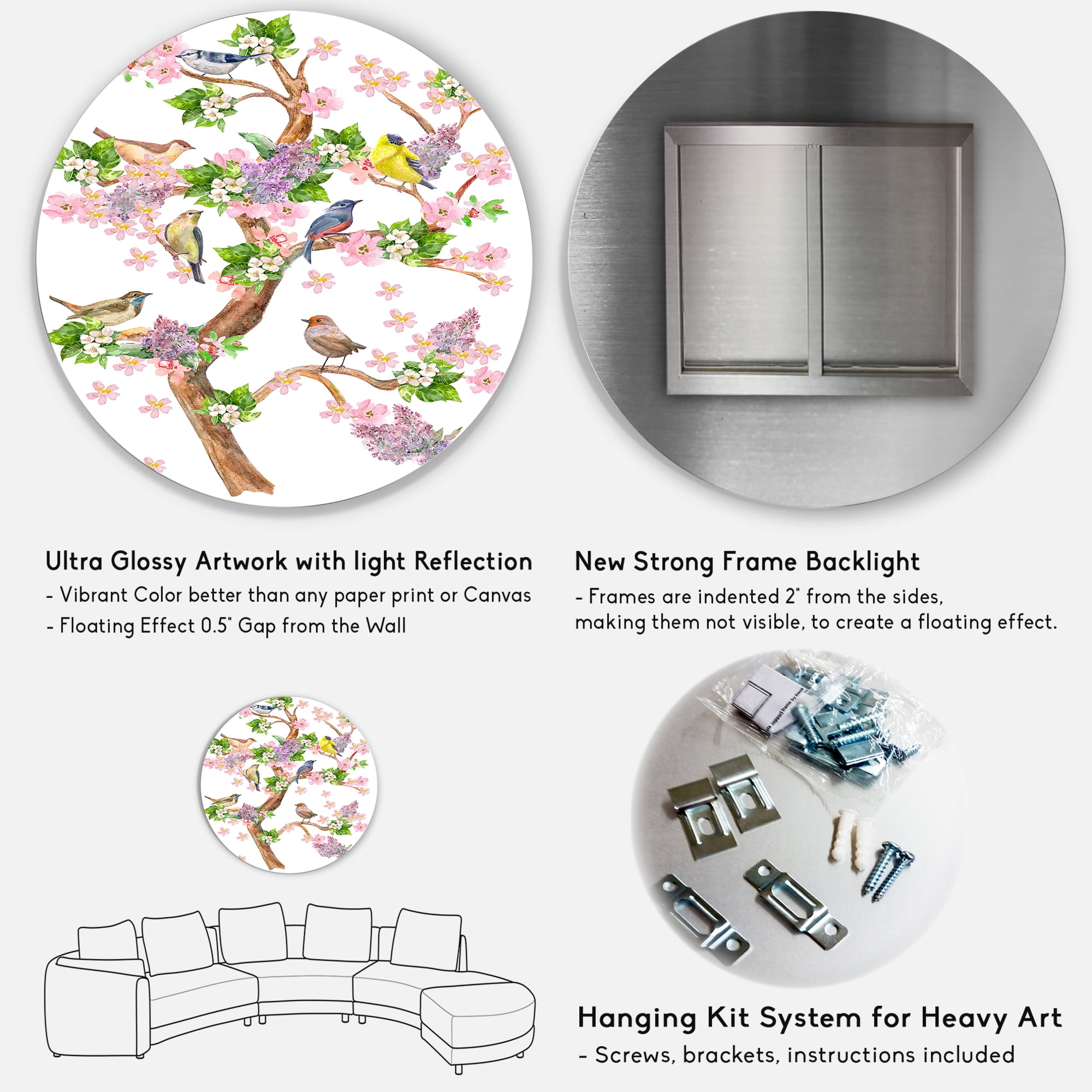 Designart 'Tree With Colorful Birds Sitting On Flowering Branches' Traditional Circle Metal Wall Art 23x23 - Disc of 23