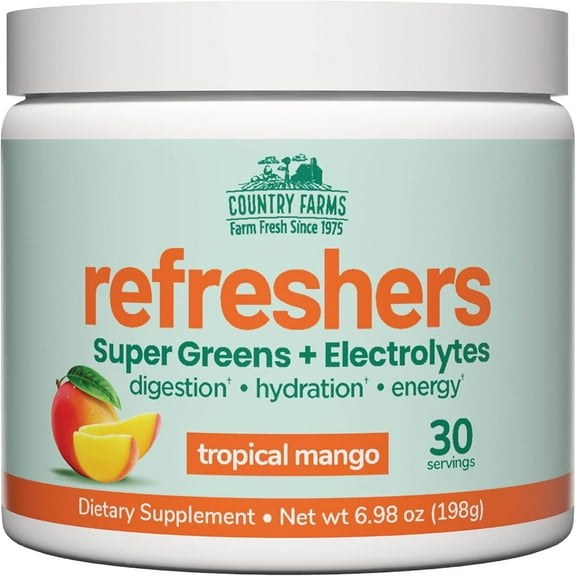 Country Farms Refreshers, Hydration Booster, Electrolytes, Super Greens, Superfoods, Energizing, Digestion, Minerals, Tropical Mango flavor, 6.98 oz, 30 Servings