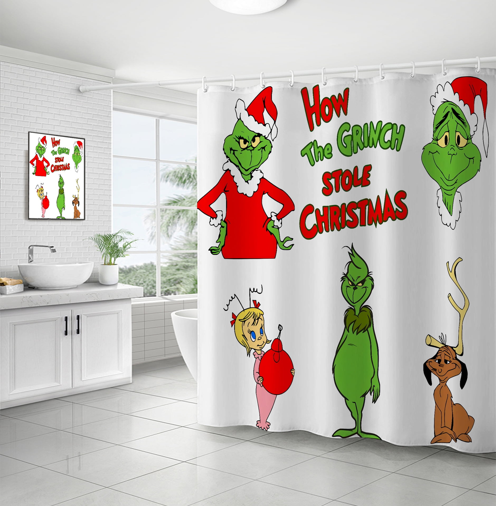 Grinch Christmas Shower Curtain with Hooks Waterproof Polyester