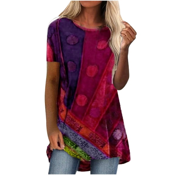 IROINNID Tops For Women Tunic Basic Loose Printed Short Sleeve Round Neck Pullover Blouse