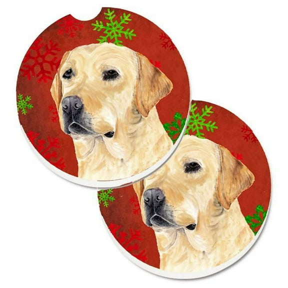Labrador Red & Green Snowflakes Holiday Christmas Set of 2 Cup Holder Car Coaster