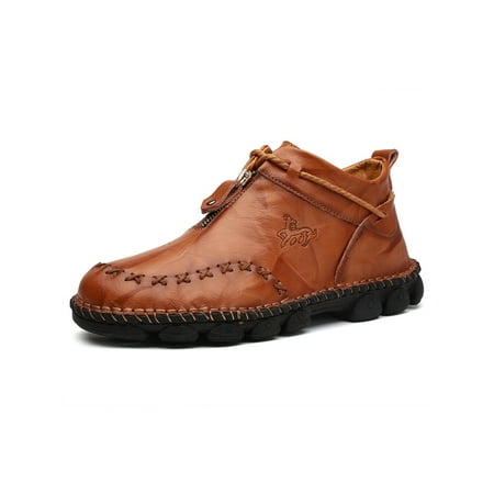 

UKAP Mens Booties Slip Resistant Ankle Boot Hand Stitching Short Boots Non-slip Bootie Men Casual Shoes Zip Up Breathable Yellow Brown 5.5