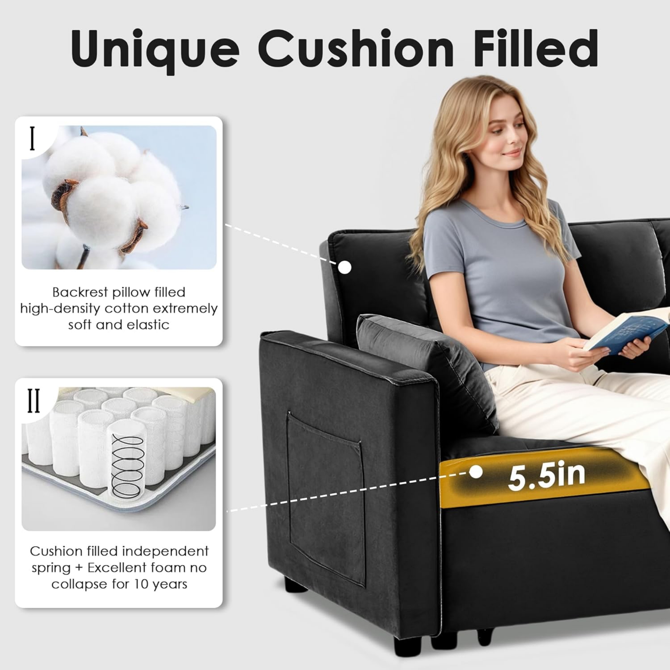 Vinform 54" 3 in 1 Convertible Sleeper Sofa Bed, Pull Out Loveseat Couch with Storage Pocket, Black(Thick Sponge)