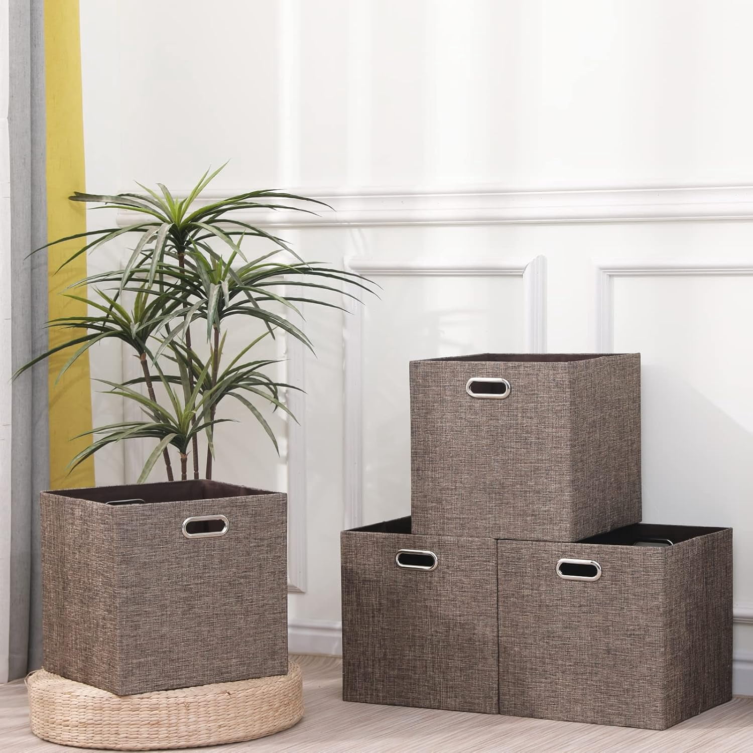 Cube Storage Bins 13×13 Linen Foldable Box with Handles, Collapsible Organization Basket Set of 4 Large Capacity Drawer for Closet Shelf Cabinet Bookcase Bedroom, Coffee