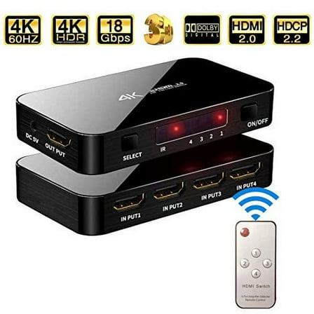 4 Input 1 Output HDMI Switch, 4K Ultra HD HDMI Switcher Support 3D, 1080P, 4Kx2k@60Hz (IR Remote Control)