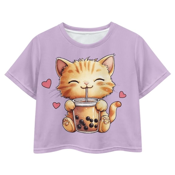 Uourmeti Cartoon Cat Shirt for Girls Cute Short Sleeve Crop Top Toddler Girl's Crew Neck Sports Pullover Tops Size 5-6