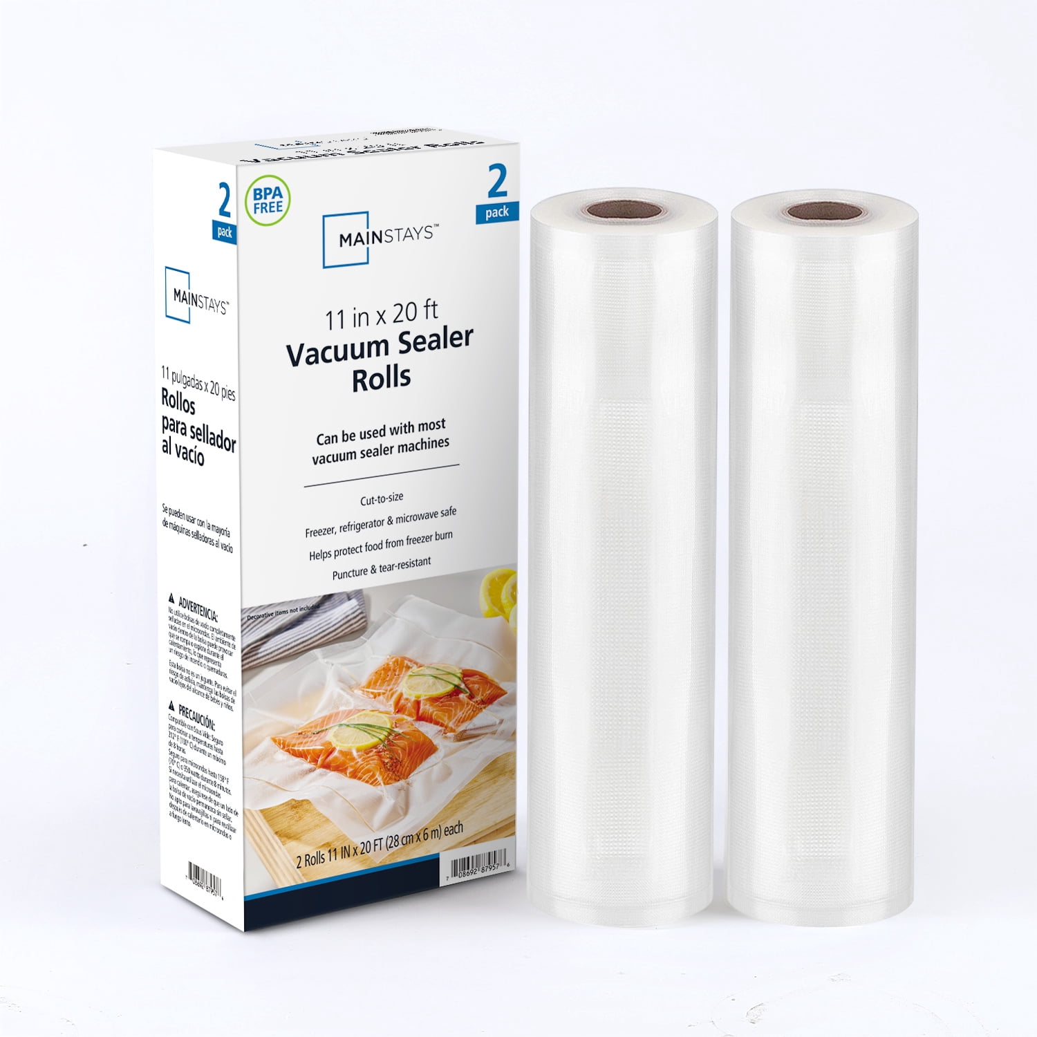 (2 pack) Mainstays 11" x 20" Vacuum Sealer Bag Rolls, 2-Count Vacuum Seal Rolls for Food Storage and Sous Vide, Works With All Brands Food Vacuum Sealer Machines, 40 Feet Total