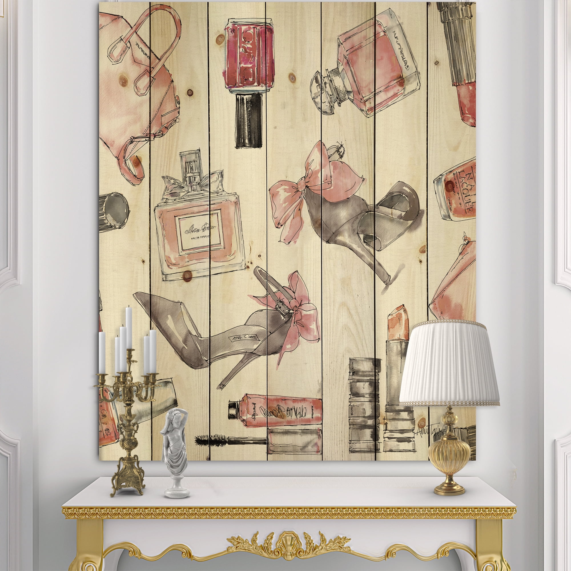 Designart 'Glam Chic Accents Pattern I' Fashion Print on Natural Pine Wood