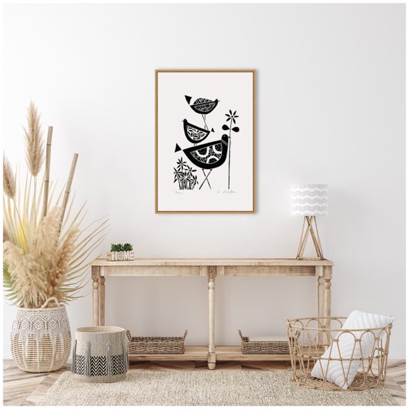 Kate and Laurel Folk Bird Family Trio Linocut Framed Canvas Wall Art  by Guilana Lazzerini 23 x 33 Sylvie Natural, Black & White, Abstract, Animals, Nature Art for Wall Decor, Living Room Bedroom
