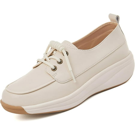Women Leather Lace Up Platform Sneakers Walking Shoes Fashion Wedge Walking Sneakers Leather Color Blocking Loafers