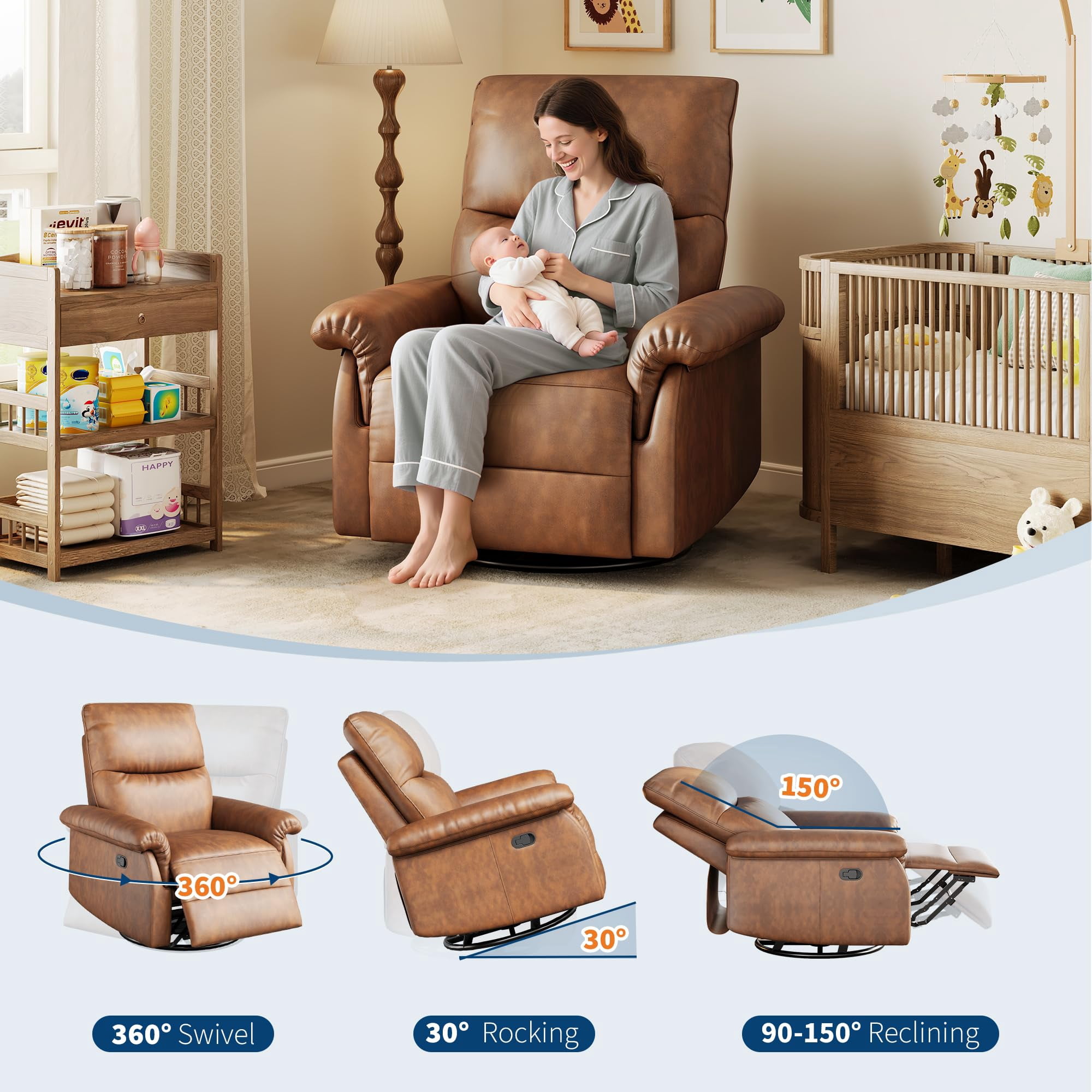 Soonbuy Swivel Rocking Nursery Recliner Chair, Rocker Recliner Glider Deep Seat, PU Leather Sofa Chair with high Backrest for Nursery, Living Room, Bedroom & Home Movie Theater, Orange/Black