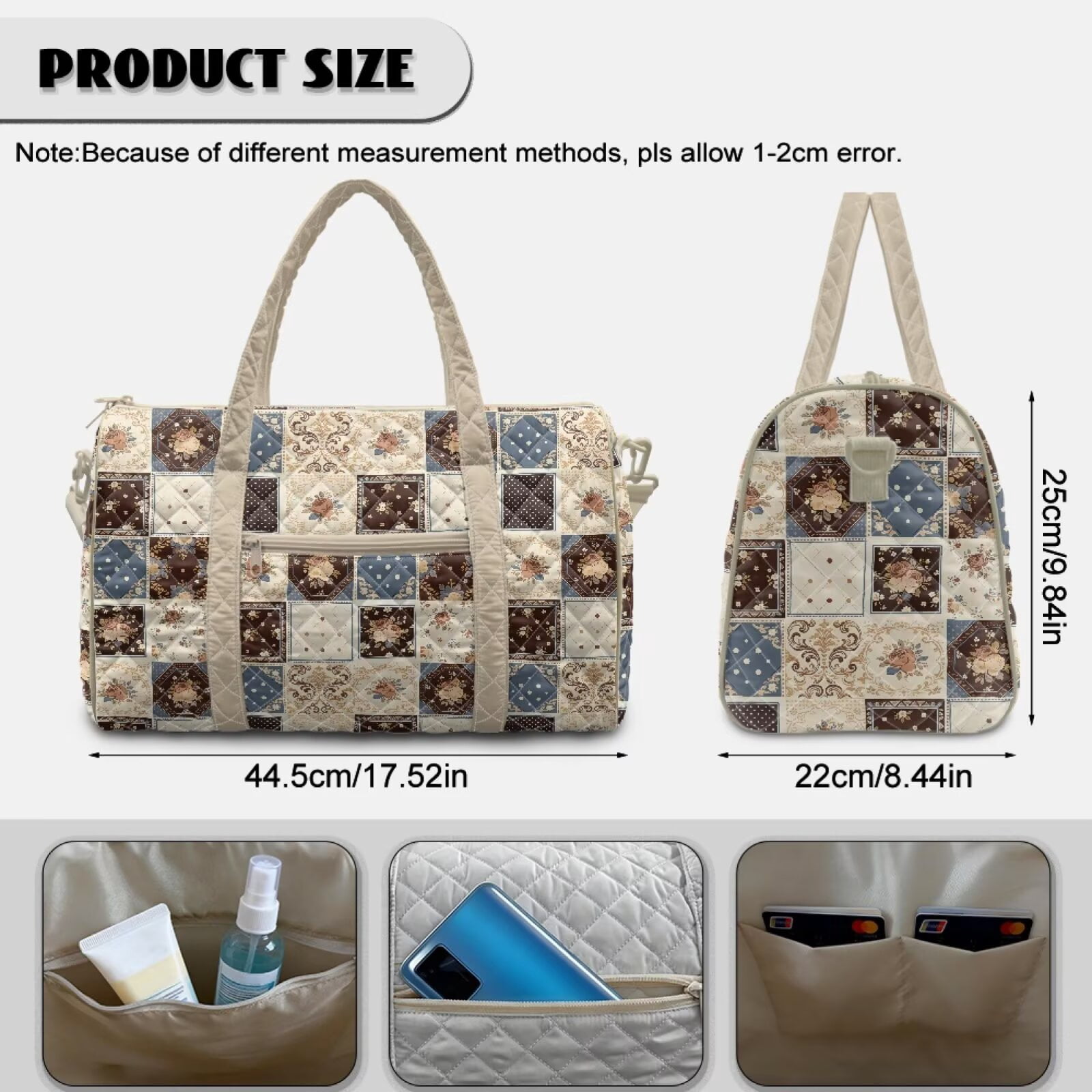 Chririnla Lightweight Fitness Bag for Women Large Capacity Athletic Duffle with Smooth Zipper & Luggage Handle Strap Fits Gym, Beige Floral Patchwork Print