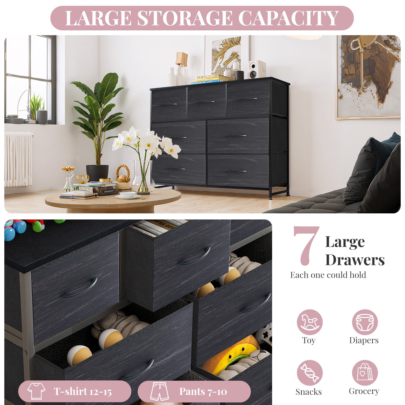 Dresser, Betcozy Storage Organizer with 5 Drawers for Bedroom, Chest of Drawers with Fabric Bins, Sturdy Metal Frame, Wood Tabletop, Black
