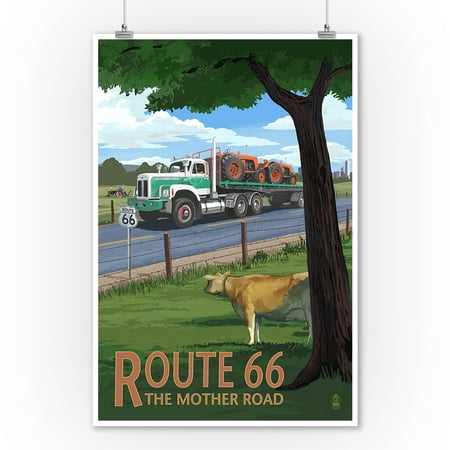 Tractor Posters For Kids Route 66 - Truck with Tractors - Lantern Press Poster (9x12 Art Print, Wall Decor Travel Poster) ()