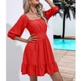 thumbnail image 5 of QUYUON Summer Mini Dresses for Women Square Neck 3/4 Sleeve Flowy Babydoll Mini Short Beach Dress Pleated A-Line Ruffle Swing Tunic Dresses Club Party Dress Style D-6509 Red M, 5 of 8