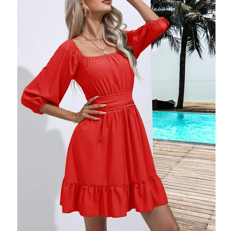Herrnalise Summer Dresses for Women 2023 Trendy Square Collar Puff Sleeve  Short Tab Sleeve Tie Backless Ruffle A-Line Dress Design Solid Color  Shapewear Stretchy Romper Jumpsuits For Women Red 