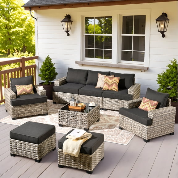Vcatnet 8 Pieces Patio Furniture Sets PE Wicker Sectional Sofa Rattan Outdoor Conversation Set with Solar Powered Coffee Table for Porch, Backyard, Black