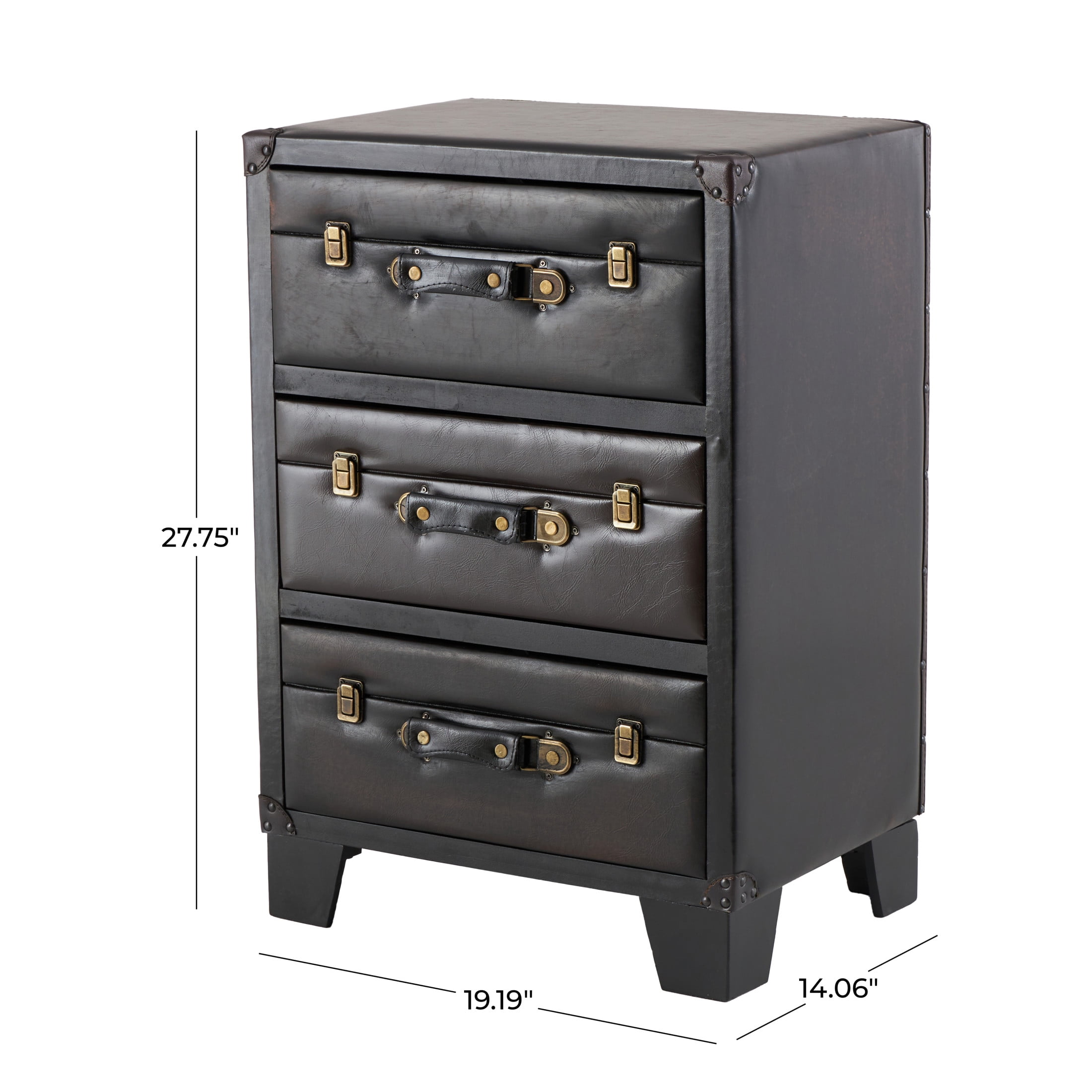 DecMode 19" x 28" Dark Brown Faux Leather Vintage Faux Leather 3 Drawer Chest with Gold Buckle and Strap Accents, 1-Piece