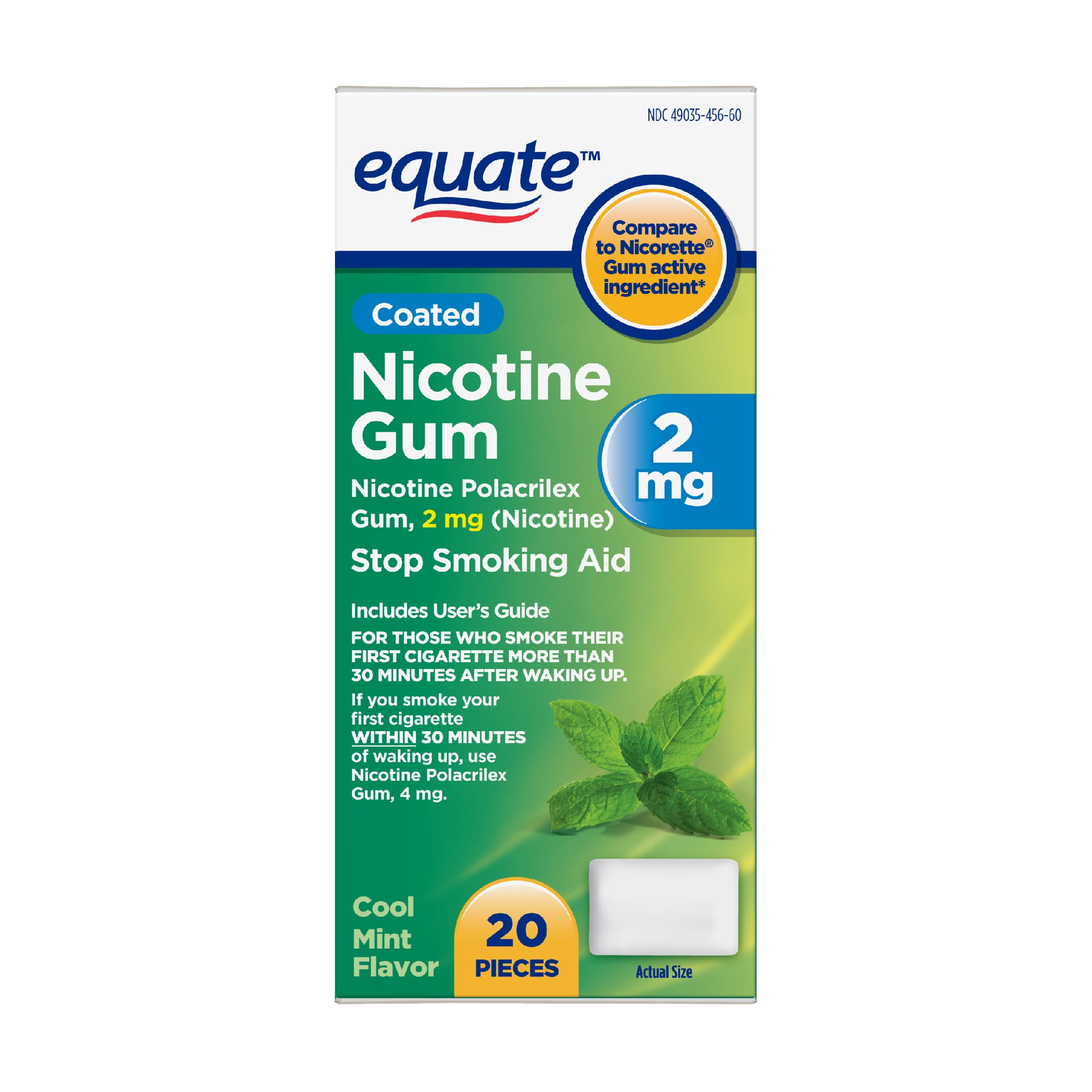 Equate Coated Nicotine Polacrilex Gum 2 mg, Mint Flavor, Stop Smoking Aid, 20 Count
