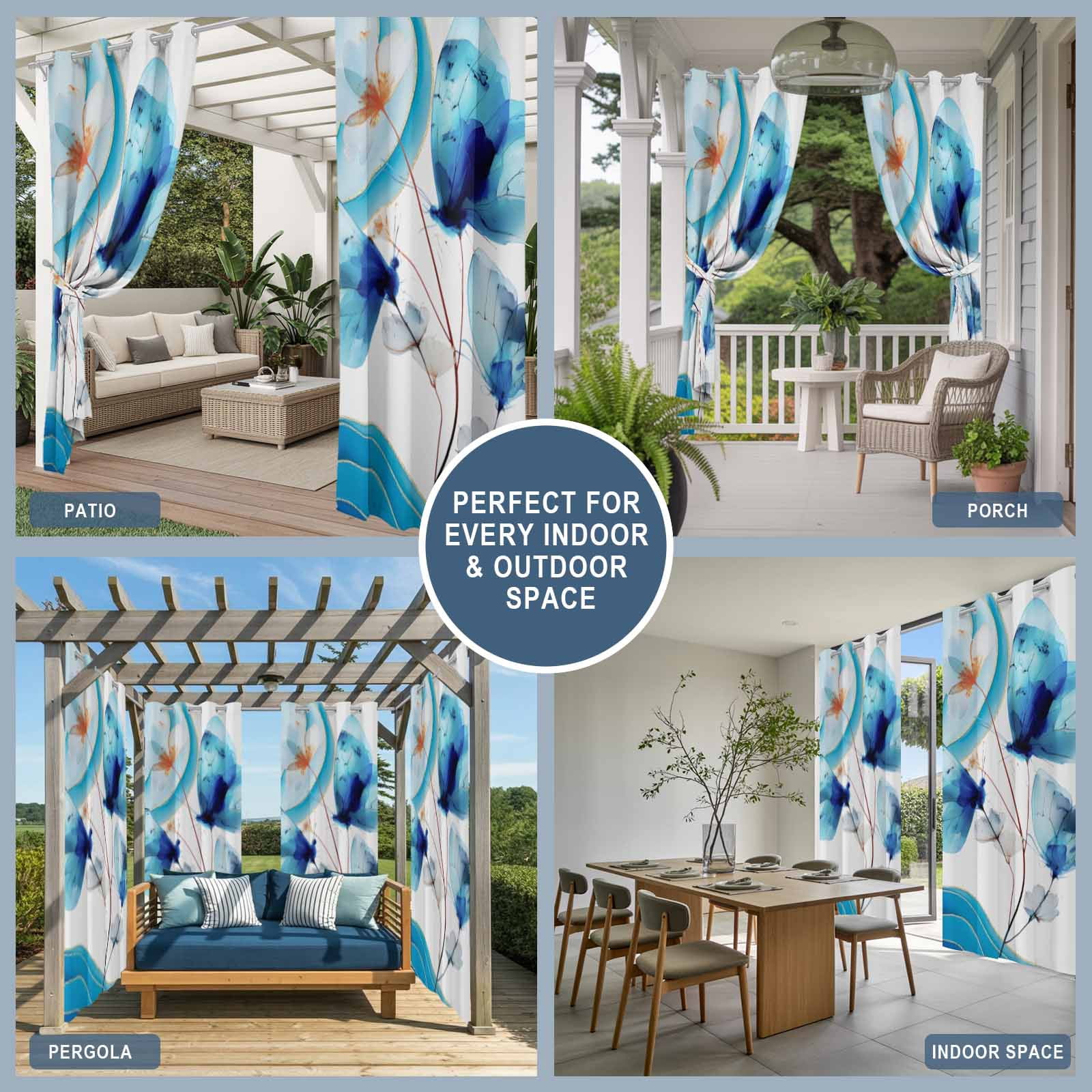 Blue Butterfly Outdoor Curtains for Patio, Watercolor White Flowers Ocean Wave Modern Sunshade Privacy Drapes Grommet Waterproof Outside Curtains for Porch/Cabana/Balcony 54"x 108", 1 Panel