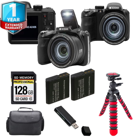 Kodak PIXPRO AZ425 Digital Camera (Black) Extra Battery 1 Yr Warranty Case -128GB