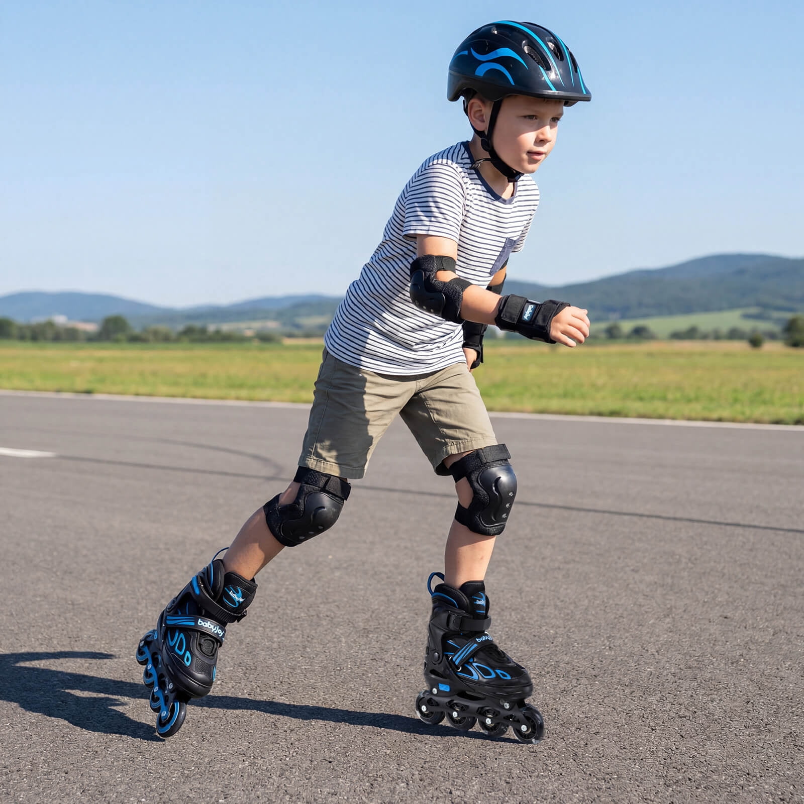 Babyjoy Adjustable Kids’ Inline Skates Ages 7-9 4 Sizes Adjustable Blade Roller with Light-up Wheels Black & Blue