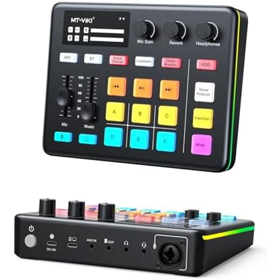 Gaming Audio Mixer, Audio Interface Sound Board w/RGB Effect, XLR/TRS Microphone, 48V Phantom Power, Support Bluetooth, Voice Changer, Live Streaming, Podcasting$$Music