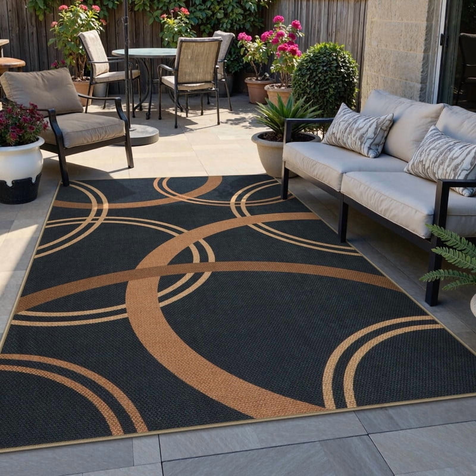 SUNDEREY 5'x7' Geometri Area Rug,5x7ft Washable Circular Pattern Rug,Easy Jute Indoor Outdoor Carpet, Farmhouse Non Slip Khaki Floor Rug for Bedroom Dining Room Office Entrance Kitchen,Black