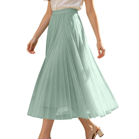 Pleated Mesh Skirt for Women Flowy Tulle Maxi Skirt Casual Elegant Long Skirt Flowy Party Bottoms