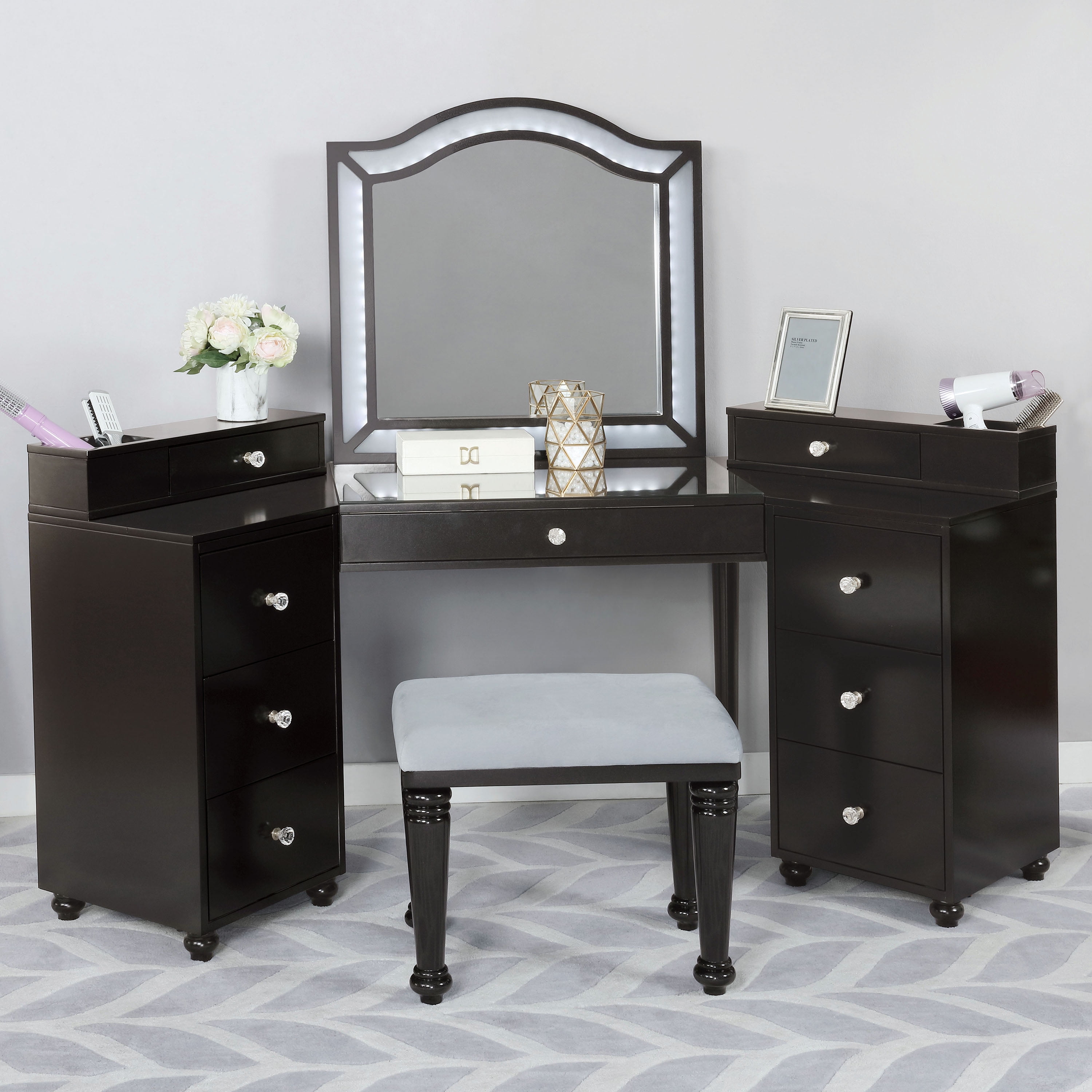 Furniture of America Urman 3Piece LED Vanity Set, Obsidian Gray