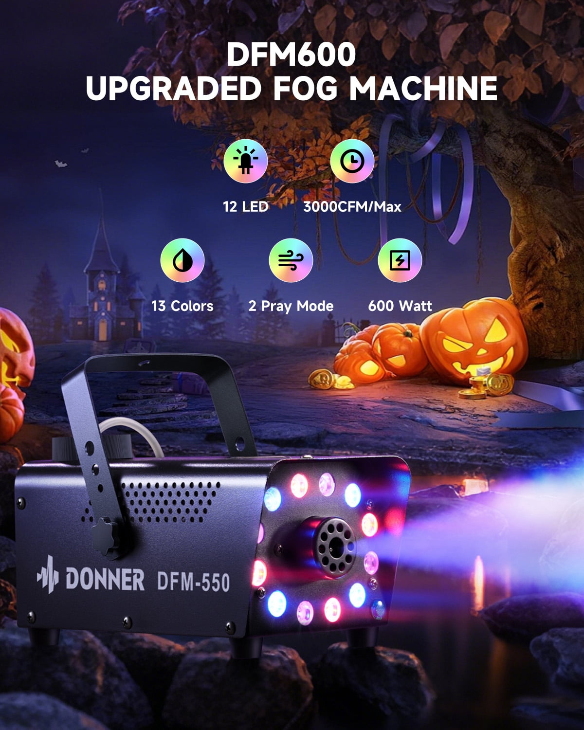 Donner Halloween Fog Machines 600W,  3000 CFM, 13 Colors, 12 RGB LED Lights, Smoke Machine for Party Wedding