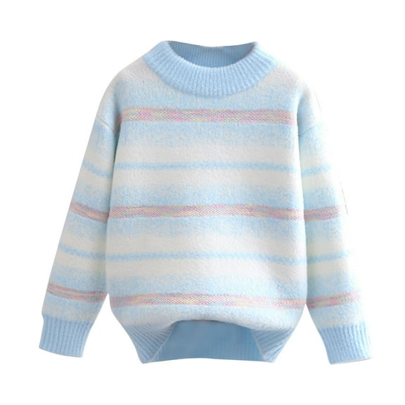 YLSDY Girls Striped Sweaters Gradient Long Sleeve Cable Knit Sweater Chunky Pullover Jumper Fall Winter Blue 9 Years