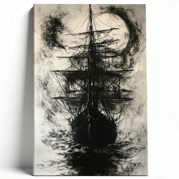 Sophisticated Neutrals Moody Tall Ship Sketch Matte Finish Gallery Wrapped Canvas Wall Art Home Decoration Decor Living Room Office Bedroom 24*36inch(60*90cm)