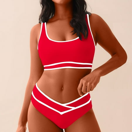 Leesechin Women s Bikini Sets High Waisted Two Piece Swimsuits Sporty Color Block Cheeky High Cut Bathing Suits