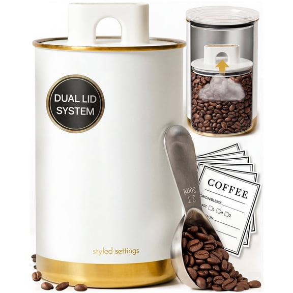 STYLED SETTINGS Vacuum Coffee Canister with Airtight Lid – Stainless Steel Coffee Storage Container with Scoop & Label, White and Gold, 1.5 lb Capacity