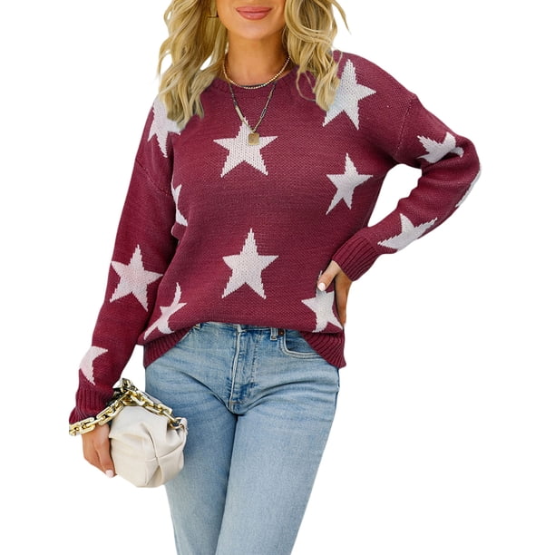 Sunloudy - Suéter de manga larga para mujer, diseño de pentagrama a la moda, cuello redondo, prendas de punto sueltas Sunloudy moda