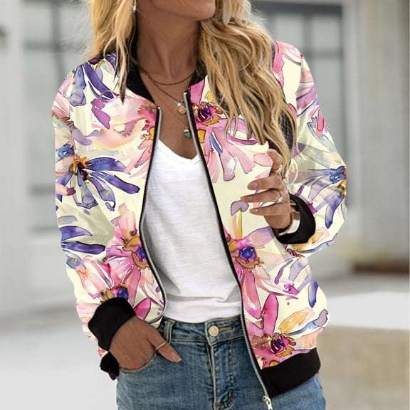 Uootdi Bomber Jackets for Women Vintage Floral Zip Up Coats Fashion Casual Streetwear Jackets Long Sleeve Lightweight Outwear Gift