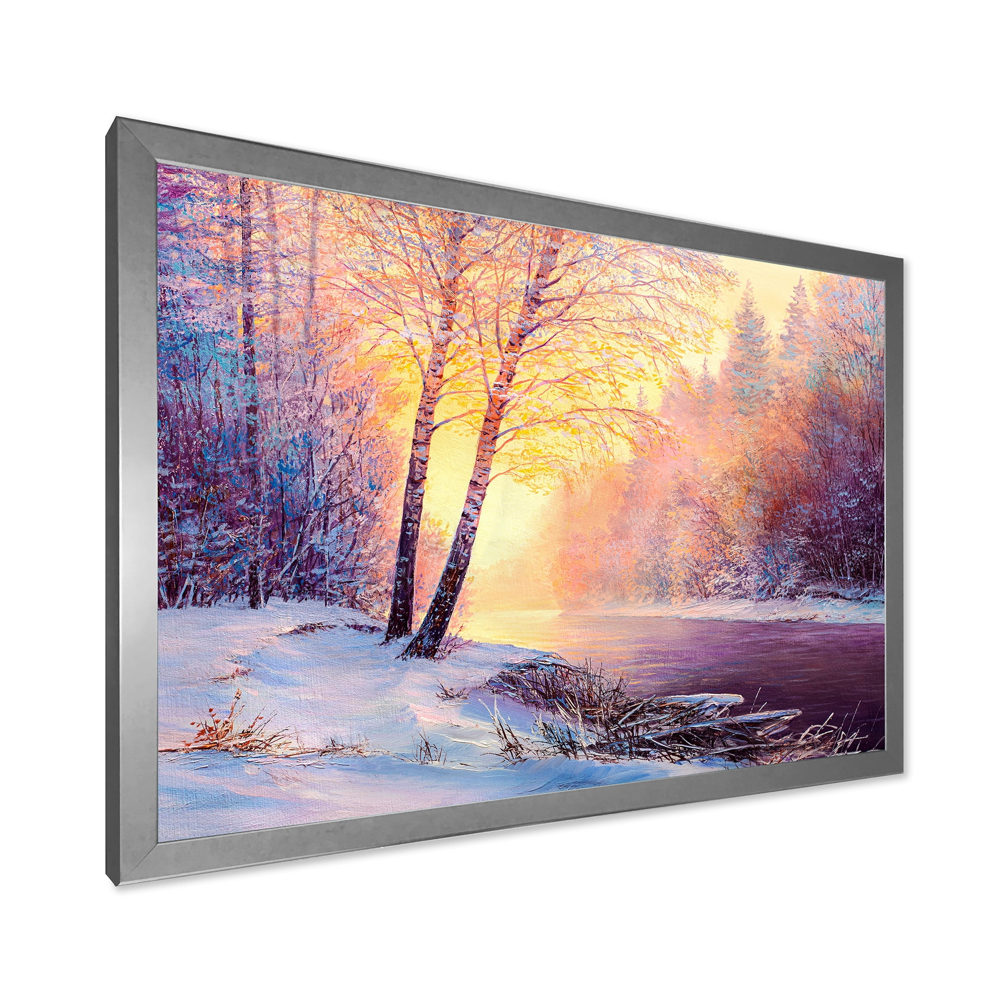 Bridge Of Meandering River With Winter Scenery II 32 in x 16 in Framed Painting Canvas Art Print, by Designart