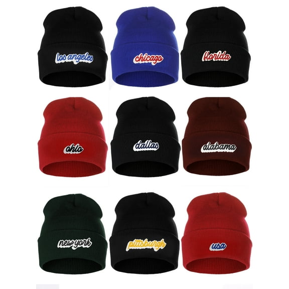I&W Classic USA Cities Winter Knit Cuffed Beanie Hat 3D Raised Layer Letters