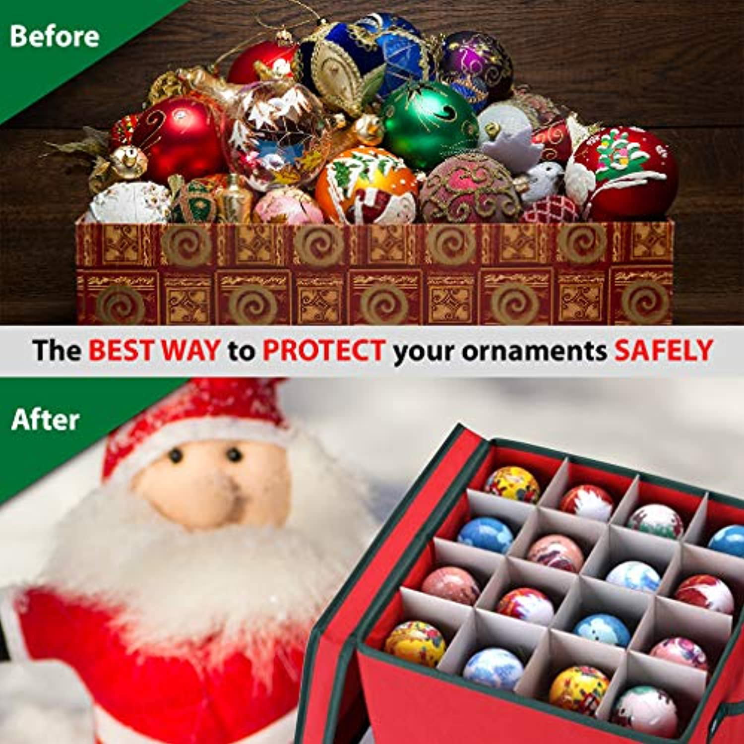 Joiedomi Christmas Ornament Storage Box with Adjustable Dividers, Hold Up to 64 Ornaments Balls & Christmas Accessories, Oxford Ornament Storage