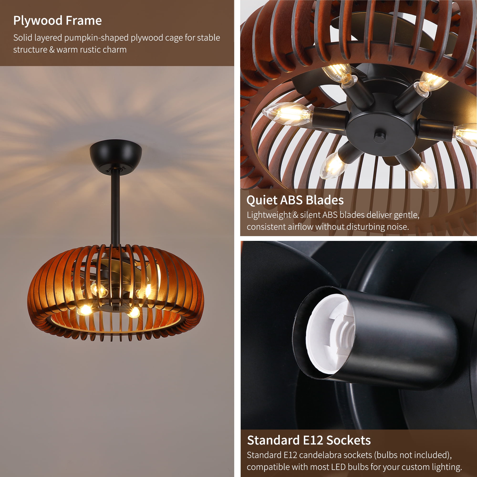 Leumius 20" Pumpkin Wood Ceiling Fan, Rustic Farmhouse Plywood Fandelier with 6 E12 Sockets, Reversible DC Motor, Adjustable Hanging, 6 Speeds Remote Control Ceiling Fan for Dining Room Kitchen