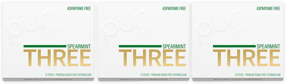 THREE Gum Sugar Free Chewing Gum with Xylitol - Natural Spearmint Flavor - 12 Pieces (Pack of 3)